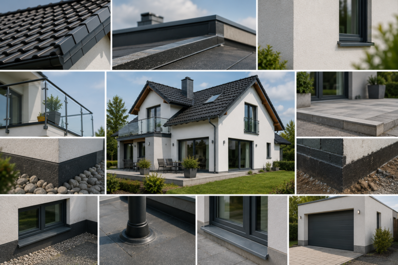 Übersicht typischer Prüfbereiche an einem Wohngebäude wie Dach, Fassade, Fensteranschlüsse, Balkon, Sockel und Bauwerksabdichtung