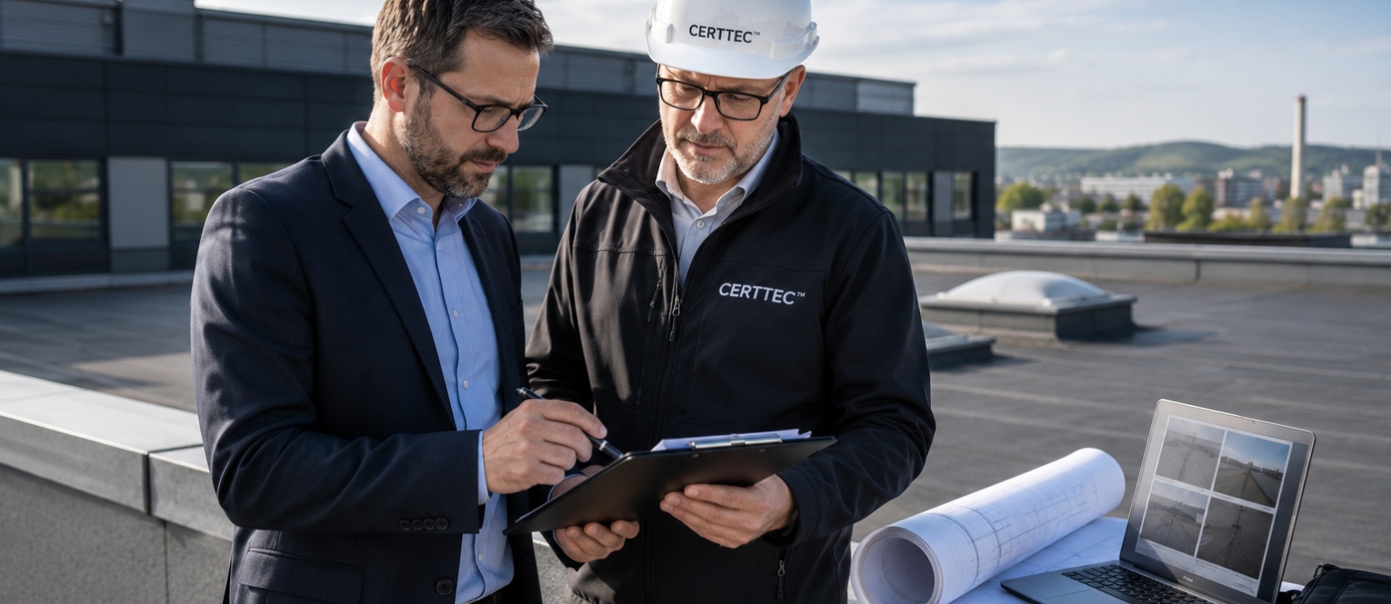 Geschäftskunde und CERTTEC Sachverständiger bei der Prüfung von Unterlagen auf einem Gewerbedach