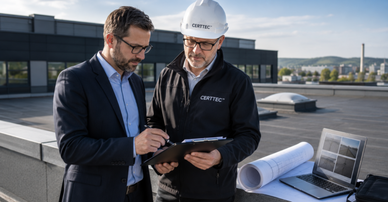 Geschäftskunde und CERTTEC Sachverständiger bei der Prüfung von Unterlagen auf einem Gewerbedach