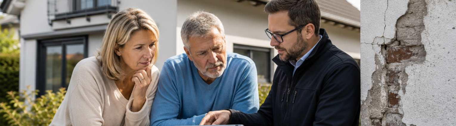 Privatkunden im Gespräch mit einem CERTTEC Sachverständigen über Schäden und Sanierungsmaßnahmen am Wohnhaus