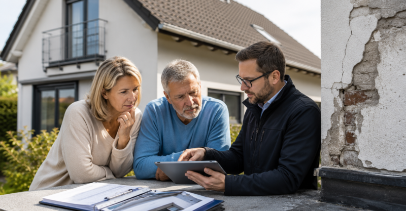 Privatkunden im Gespräch mit einem CERTTEC Sachverständigen über Schäden und Sanierungsmaßnahmen am Wohnhaus