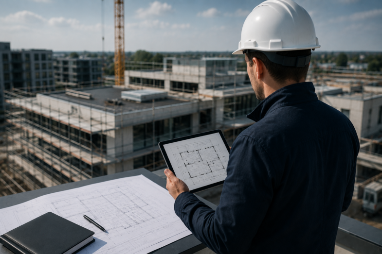 CERTTEC Sachverständiger prüft auf einer Baustelle technische Unterlagen für ein gewerbliches Bauprojekt