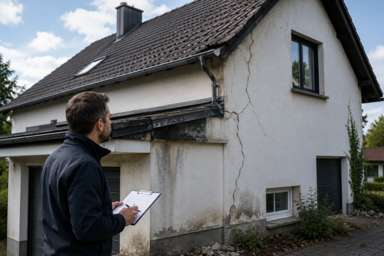 Sachverständiger untersucht Schäden an einem Einfamilienhaus mit Rissen und Feuchtigkeit an Fassade und Dach