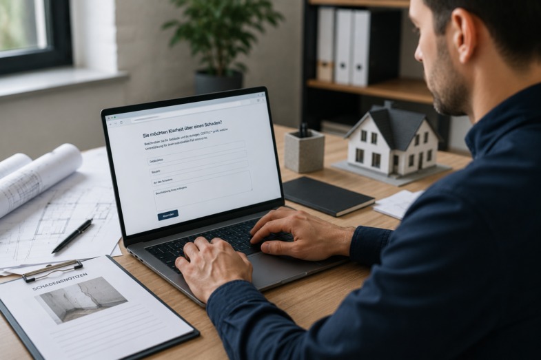 Eigentümer beschreibt einen Gebäudeschaden online und bereitet Unterlagen für die fachliche Einschätzung durch CERTTEC vor
