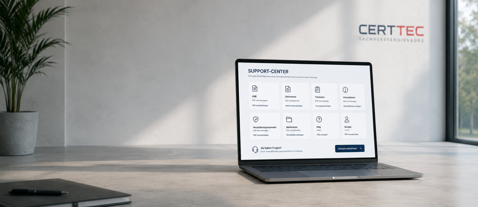 CERTTEC Support-Center auf einem Laptop mit Zugriff auf Dokumente, Formulare und wichtige Informationen