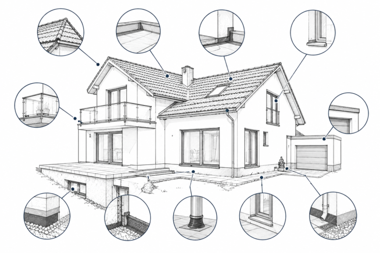 Technische Skizze eines Wohnhauses mit den typischen Prüfbereichen der Gebäudehülle wie Dach, Fassade, Fensteranschlüsse, Balkon, Sockel und Bauwerksabdichtung