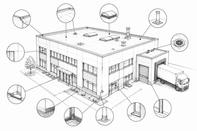Technische Skizze eines Gewerbegebäudes mit typischen Prüfbereichen wie Flachdach, Attika, Lichtkuppeln, Fassaden, Bauwerksabdichtung und Fensteranschlüssen